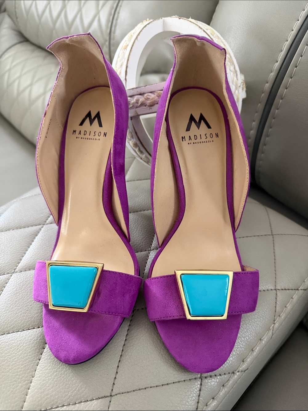 Madison Purple Suede Open-Toe Heels with Turquoise Accent